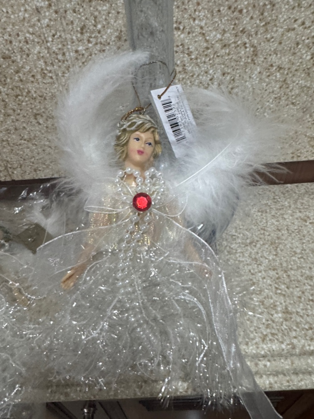 White Feather Angel Tree Ornament with Red Gem Accent July birthstone
